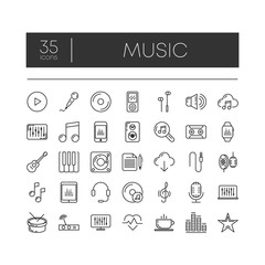 Set of 35 line icons of music for modern concepts, web and apps on white background. Vector illustration.