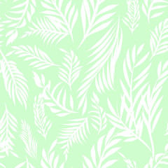 Foliage  Vector seamless repeat pattern, white leaves and sprigs with fern green background  