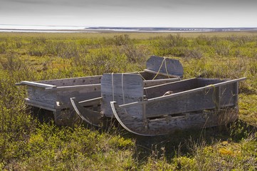 Abandoned sleds in the arctic