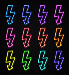 Electric power neon sign set on transparent background. Realistic color electricity symbol design. Light flash abstract thunderbolt for decoration. Lightning, thunder logo concept vector illustration.