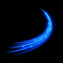 Light effect with curve trail and blue sparkles on black background