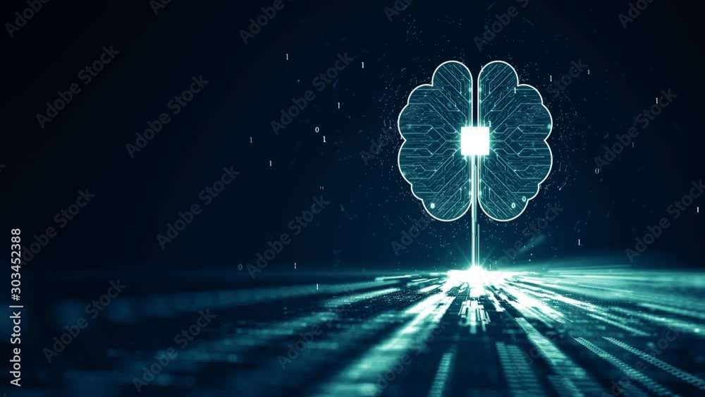 Poster technology artificial intelligence (ai) brain animation digital data concept. big data flow analysis
