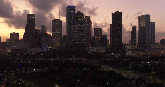 Early morning drone shot of downtown houston