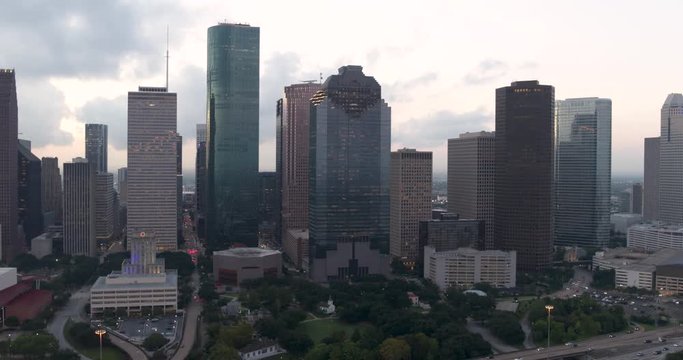 Houston skyline drone shot over highway