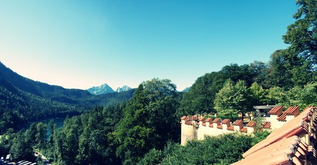 View of outer wall and landscape of  Hohenschwangau Castle.  