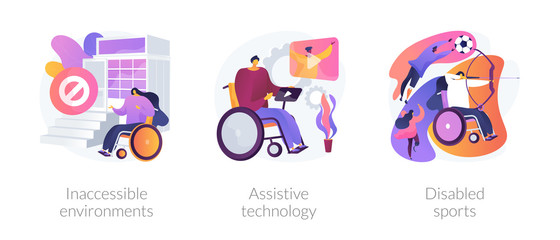 Handicapped people accessibility flat icons set. Disabled activity. Inaccessible environments, assistive technology, disabled sports metaphors. Vector isolated concept metaphor illustrations.
