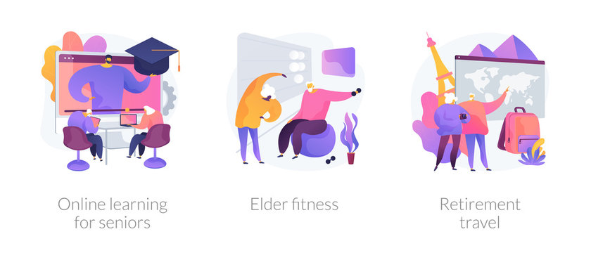 Pensioners Lifestyle Flat Icons Set. Grandparents Couple Planning Trip. Online Learning For Seniors, Elder Fitness, Retirement Travel Metaphors. Vector Isolated Concept Metaphor Illustrations.