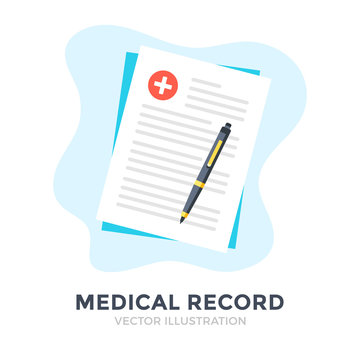 Medical Record. Flat Design. Claim Form, Application, Prescription, Healthcare Documents, Patient Case, Medical Report Concepts. Vector Illustration