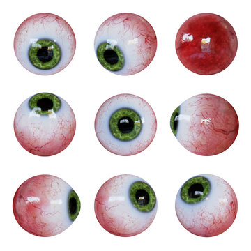 set of human eyeballs with green iris isolated on white background