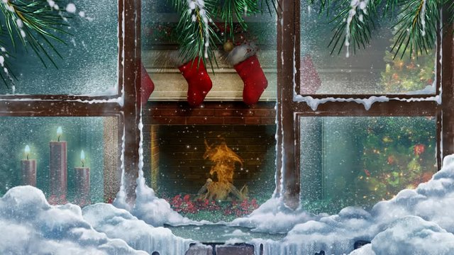 Christmas Fireplace Through a Window with Snowfall 4K Loop features a view from outside a frost and snow covered window into a room with a fireplace and candles with flickering fire in a loop