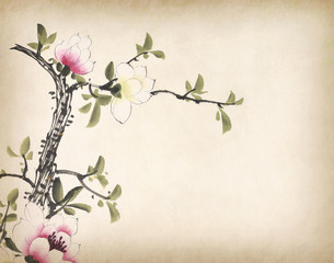 Chinese painting of blossoming magnolia tree.