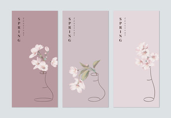 Set of spring festival brochure cover template design, pink sakura flowers in outline vase on different pink background - obrazy, fototapety, plakaty