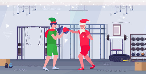 santa claus boxer practicing boxing exercises with elf helper workout healthy lifestyle christmas holidays celebration concept modern gym interior full length horizontal vector illustration