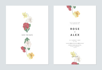 Minimalist floral wedding invitation card template design, colorful pansies with green leaves on white