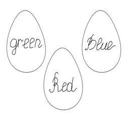 vector image for easter. three eggs red blue green with letters on white background. merry holiday. black outline