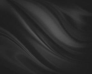 black background abstract cloth or liquid wave illustration. Wavy folds of silk texture satin or velvet material. Elegant curves of black shiny material.