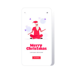santa claus sitting lotus pose doing stretching exercises bearded man training workout concept christmas new year holidays celebration smartphone screen online mobile app full length vector