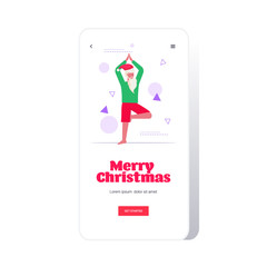 santa claus doing yoga exercises bearded man standing in tree position training workout concept christmas new year holidays celebration smartphone screen online mobile app full length vector