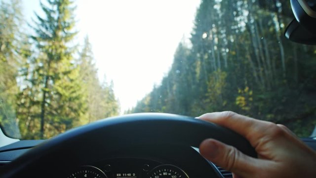 Roadtrip. Male hand on sterring wheel driving car. Close-up. Man traveling by car in picturesque mountain woods landscape. Sunlight. Summertime.