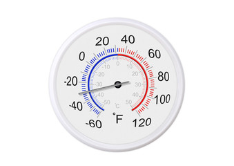 Fahrenheit and celsius scale white round thermometer for measuring weather temperature. ...