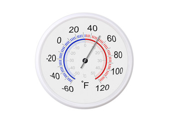 Fahrenheit and celsius scale white round thermometer for measuring weather temperature.  Thermometer isolated on white background. Ambient temperature plus 50 degrees fahrenheit