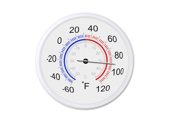 Fahrenheit and celsius scale white round thermometer for measuring weather temperature.  Thermometer isolated on white background. Ambient temperature degrees fahrenheit