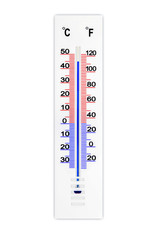 Meteorology thermometer isolated on white background. Air temperature plus 45 degrees celsius