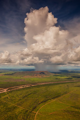 Aerial view of wet season thunderstorms of the Lower Ord Flood plain in the Kimberley Region of...