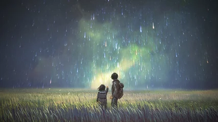 Tuinposter broer en zus in een weiland kijken naar meteoren in de lucht, digitale kunststijl, illustratie schilderen © grandfailure