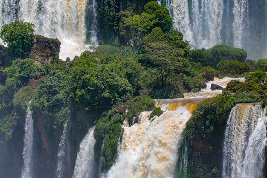 Close up view of powerful cascading waterfalls and lush green vegetation, Iguazu Falls, Argentina