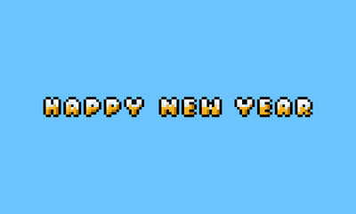Pixel art  cartoon happy new year gold text with snow cover.