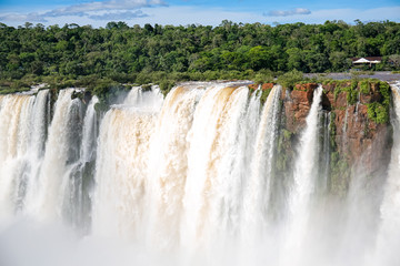 View to Devil`s Throat and Salto Union with rainforest background, Iguazu Falls, Argentina