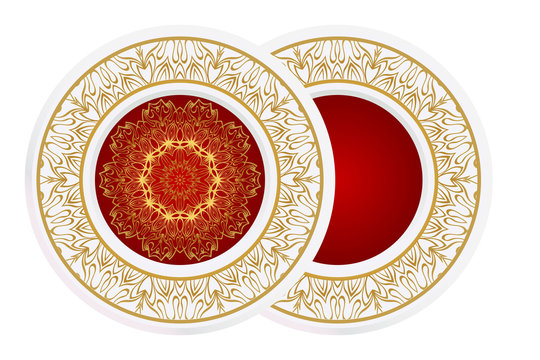decorative plates for interior design. Empty dish, porcelain plate mock up design. Vector illustration. Decorative plates with Mandala ornament patterns. Home decor background.