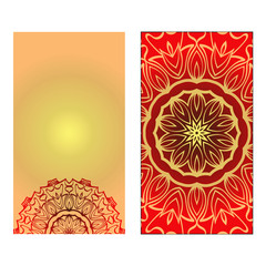 Design Vintage Cards With Floral Mandala Pattern And Ornaments. Vector illustration. Gold, red color. For Wedding, Bridal, Valentine's Day, Greeting Card Invitation.