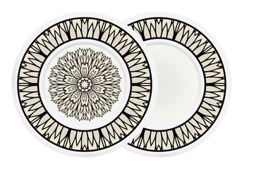 Matching decorative plates for interior designwith floral art deco pattern. Empty dish, porcelain plate mock up design. Vector illustration. White, grey color