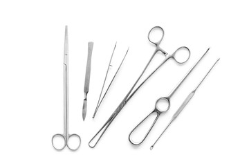 Plastic surgery. Instruments for beauty operations on white background top view