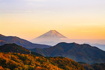 Scenic autumn view for Mt. Fuji, Japan. Sunset with mountain. Autumn colors with sunset.