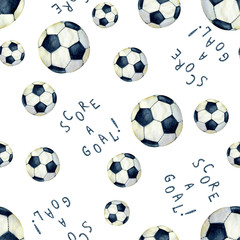 Flying soccer ball on the background of watercolor stains, splash with the inscription score a goal. Seamless pattern. Hand drawn watercolor illustration for the design of a sports banner, background. © Наталья Матюшина