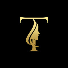 Letter T Beauty Women Face Logo Design Vector