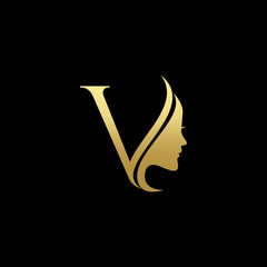 Letter V Beauty Women Face Logo Design Vector