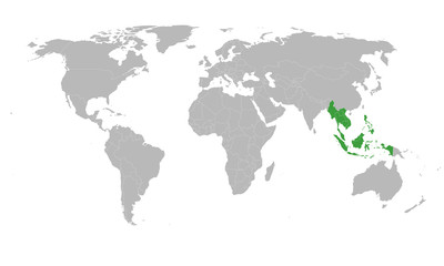 ASEAN countries highlighted green color on world map vector