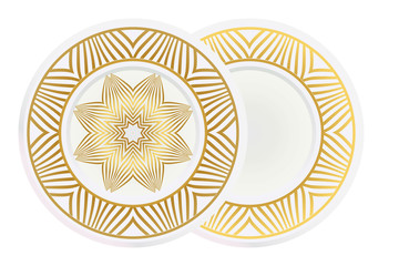 Matching decorative plates for interior design. Empty dish, porcelain plate mock up design. Vector illustration