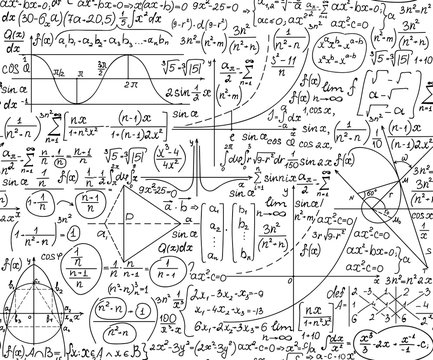 Educational vector seamless pattern with copybook school handwritings, math formulas and geometry figures