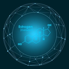 Chemical molecular formula hormone estrogen. Infographics illustration. Connected lines with dots frame