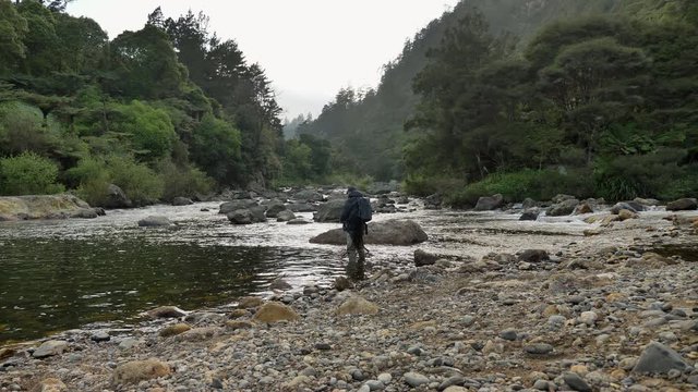 Male fisher, facing away, fly fishing trouts, Tauranga Taupo river in New Zealand, outdoor sports fishing, leisure activity in pristine wild nature, tranquility, solitude and relaxation concept