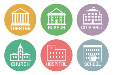 Set of building icons with inscriptions. Vector.