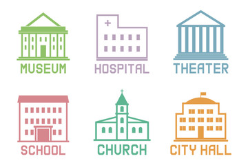 Set of municipal buildings with captions. Vector illustration.