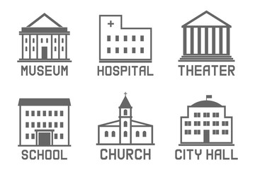 Set of municipal buildings on white background. Vector illustration.
