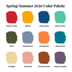 Spring/Summer 2020 Color Palette. Color swatch concept modern style. Color palette guide. Fashion trend. Design guide, catalogue. Vector illustration.