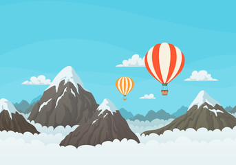 Fototapeta na wymiar Striped hot air balloons flying over snowy mountains and clouds with blue sky in the background. Vector illustration.